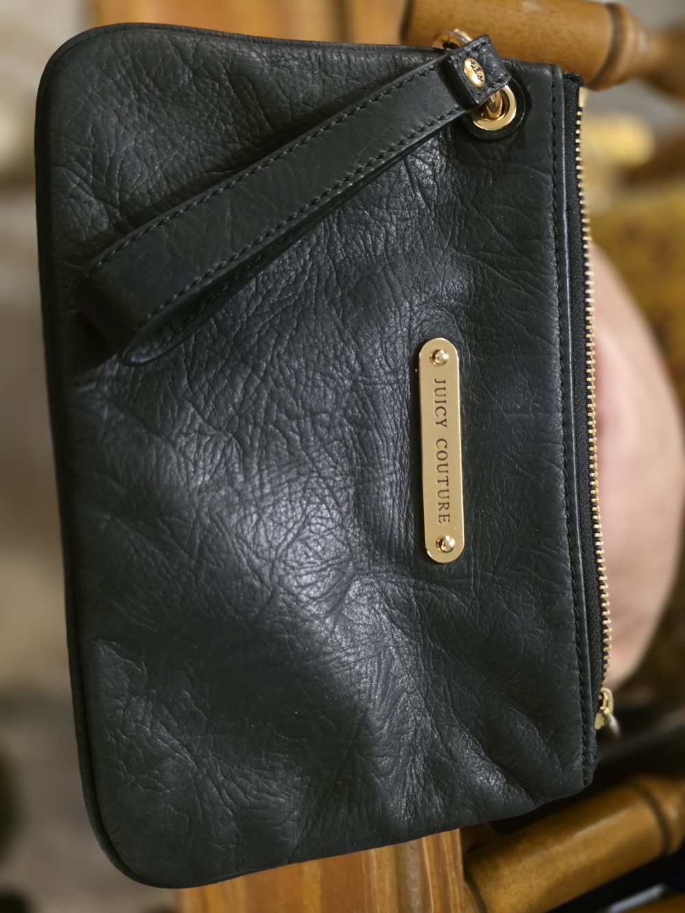 Juicy Couture Black Leather Wristlet with Gold Accent